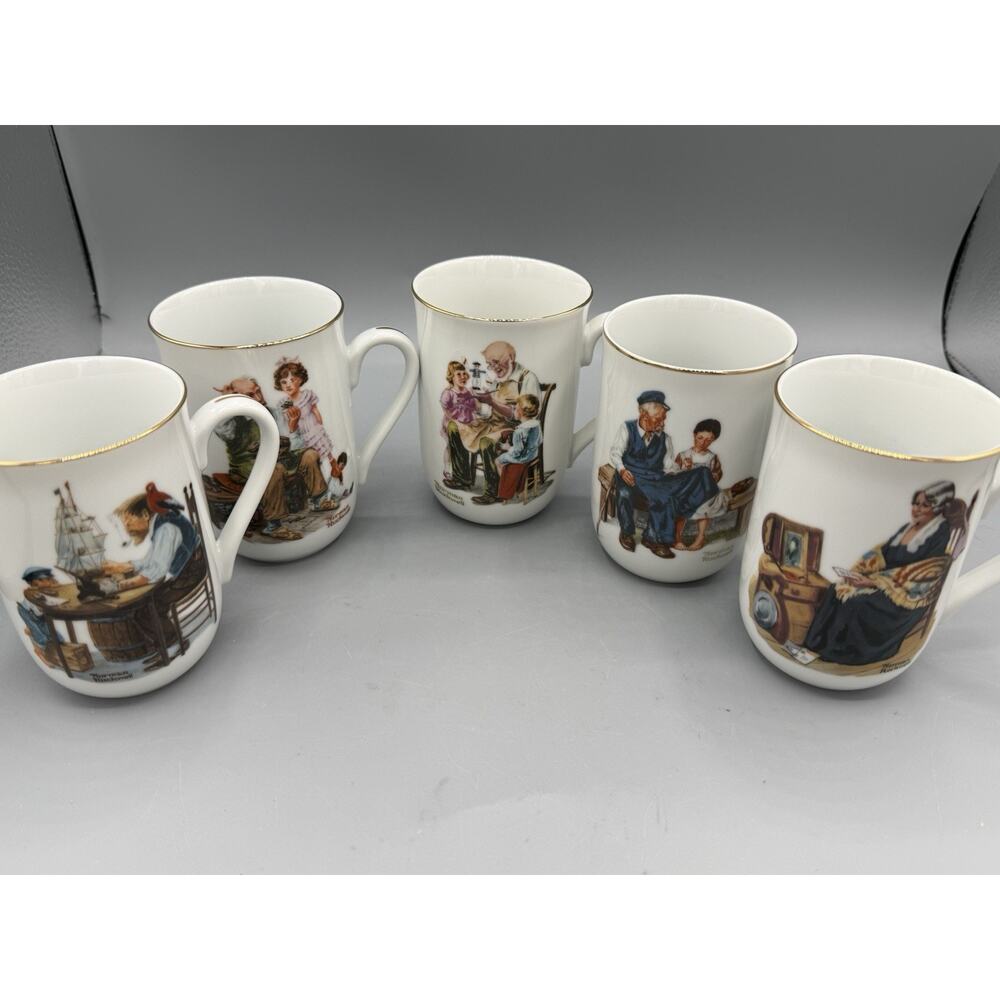 Set 5 Norman Rockwell Museum Coffee Mugs Japan Gold Rim Vintage Cups